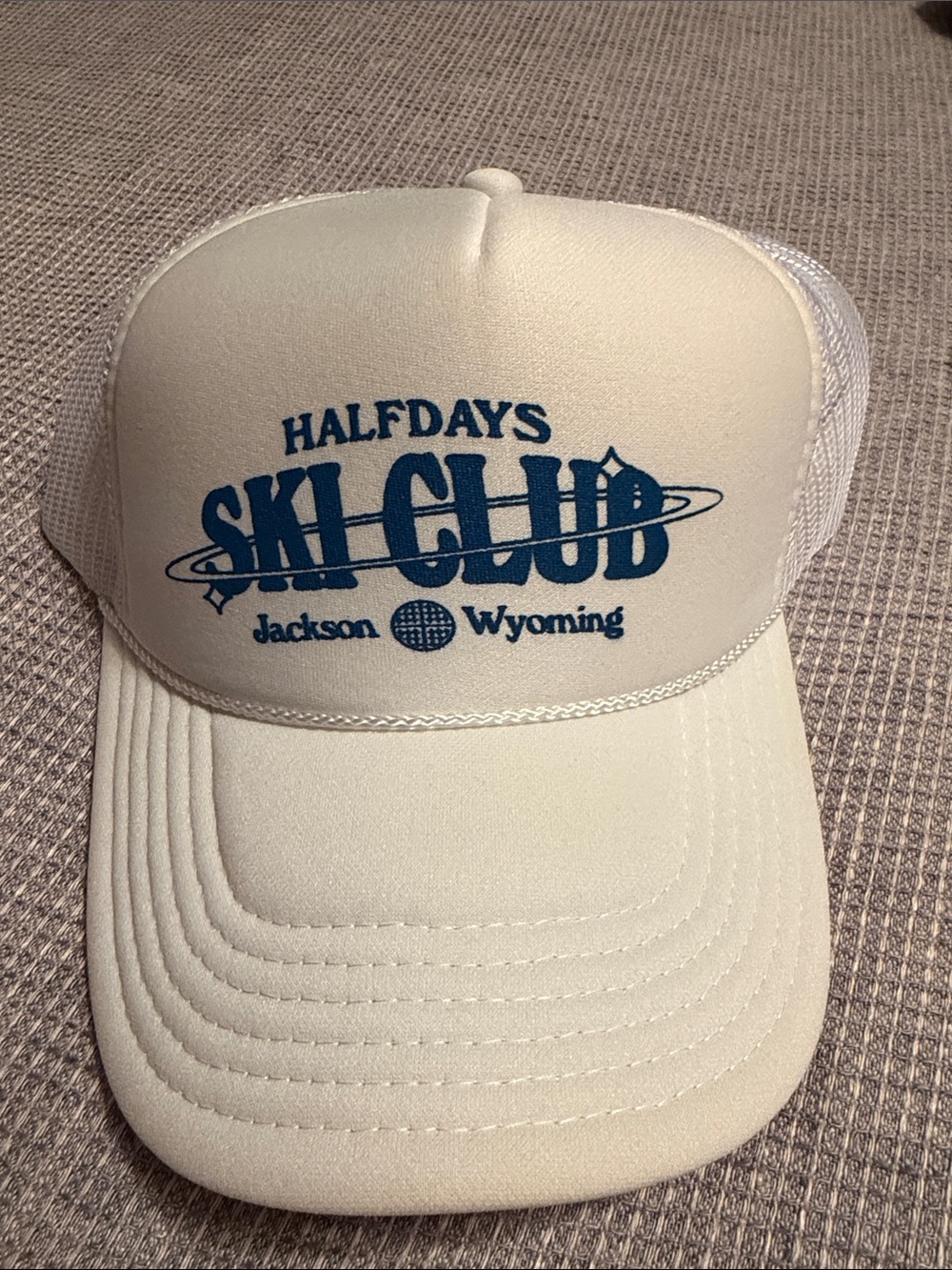 Halfdays Mesh Trucker Hat - White with Blue Logo